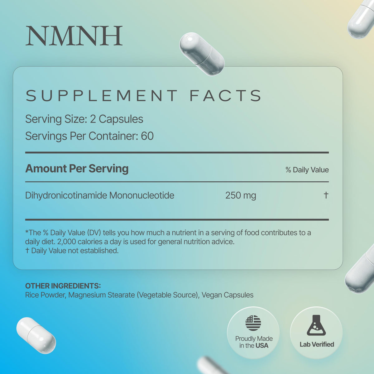 Capsules NMNH Powders démontrant le test par des tiers sur l'emballage