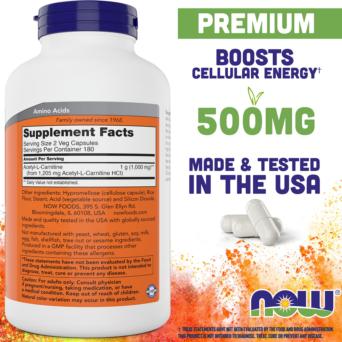 Capsules NOW Foods Acétyl L-Carnitine 500mg côté