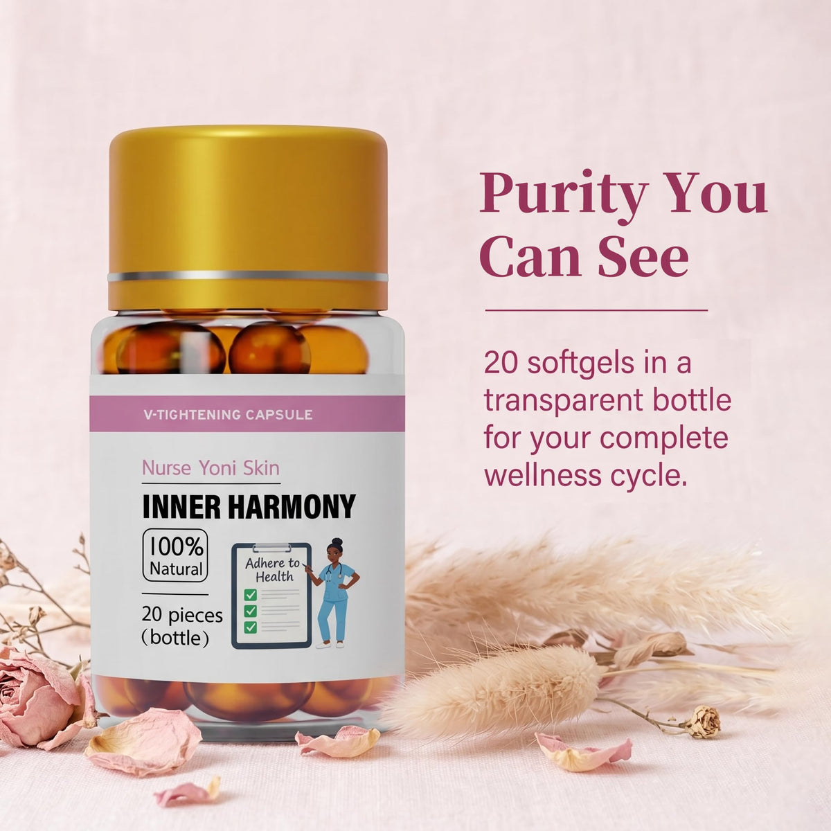 Capsules Nurse Yoni Skin, mise en scène avec des produits de soin