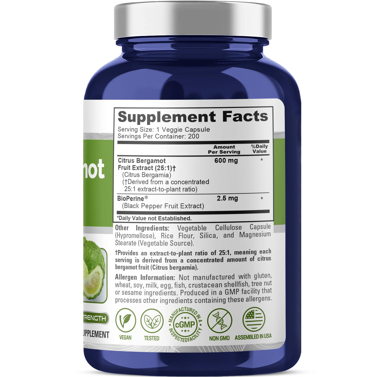 Capsules NusaPure Citrus Bergamot 600mg en gros plan dans la bouteille