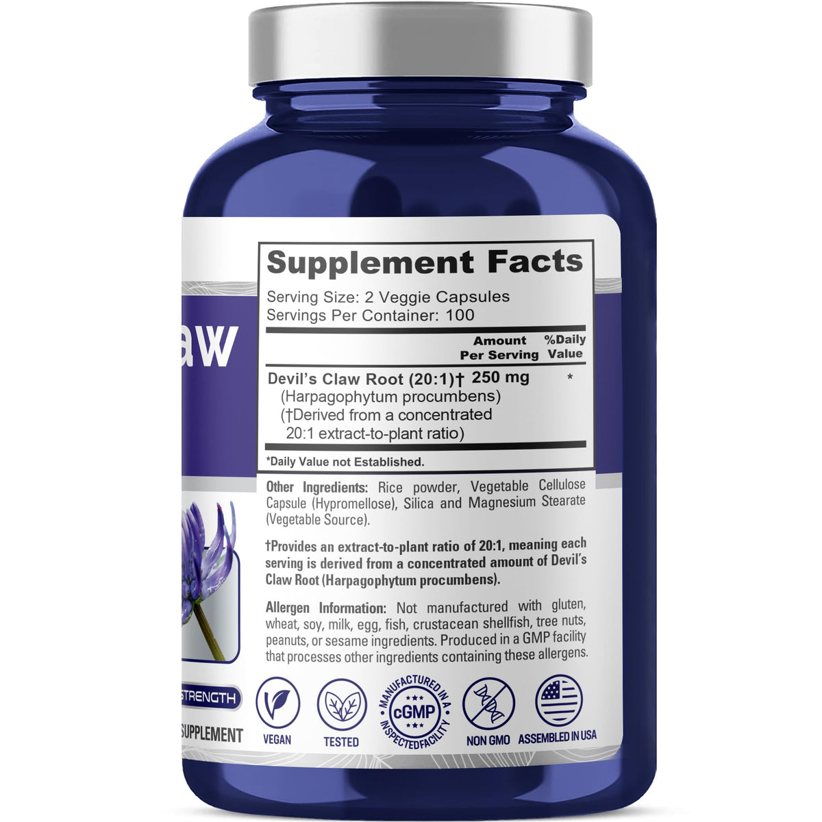 Capsules NusaPure Devil's Claw 250mg à l'intérieur du flacon