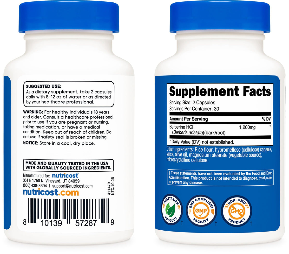 Capsules Nutricost Berberine HCl prêtes à être prises