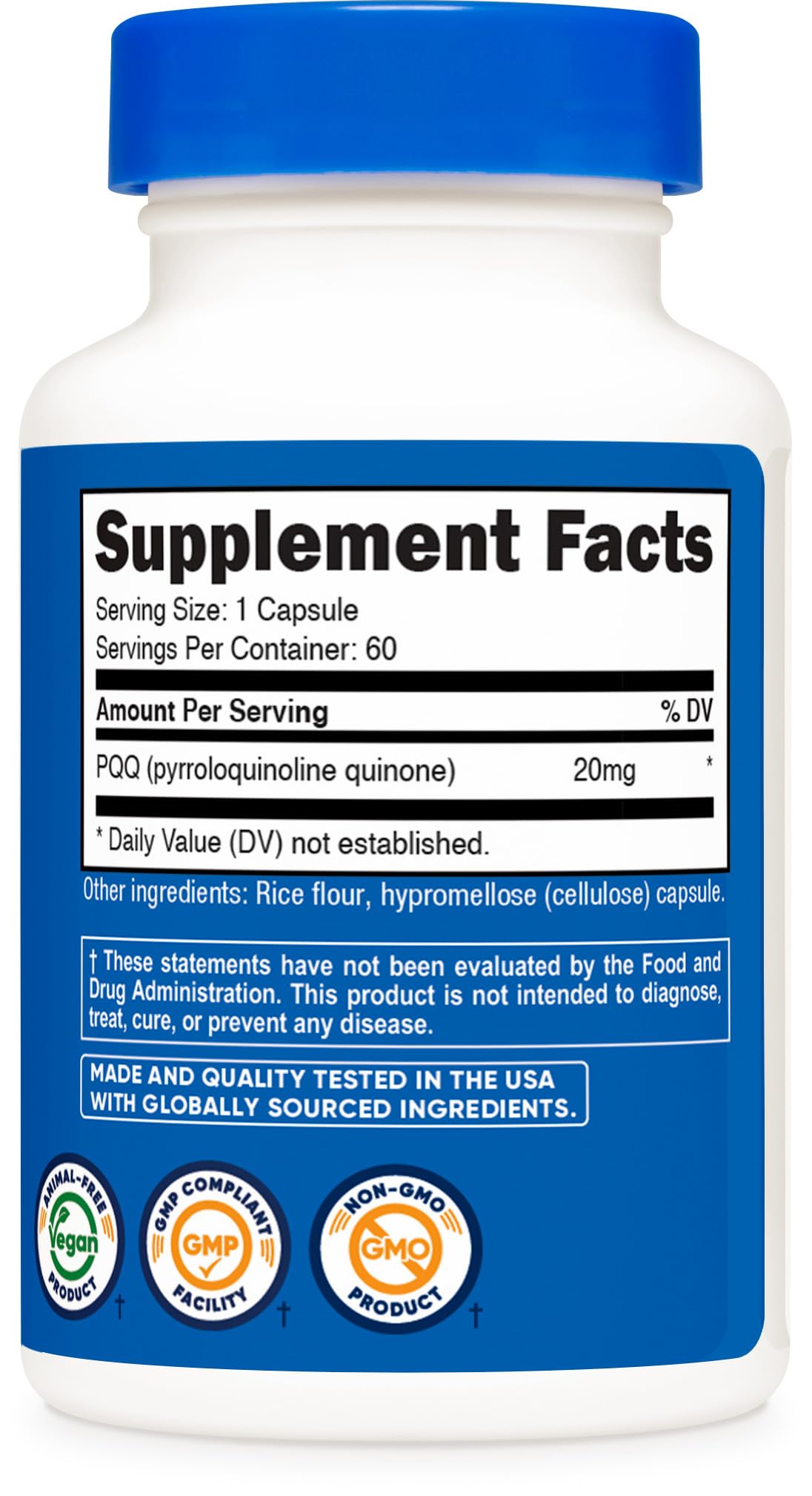 Capsules Nutricost PQQ 20mg dans un bol en verre