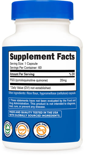 Capsules Nutricost PQQ 20mg dans un bol en verre