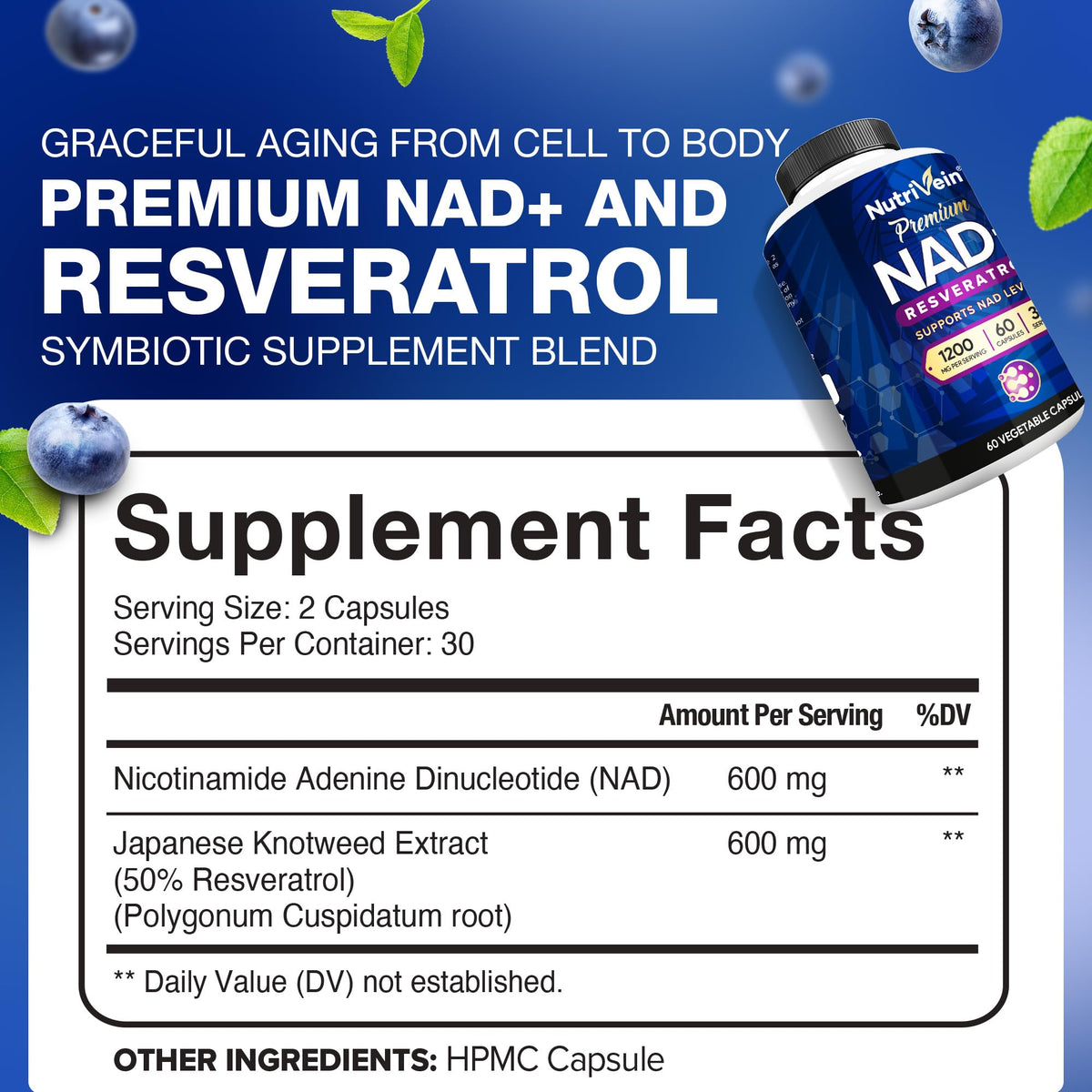 Capsules Nutrivein Resvératrol NAD+ dans un flacon