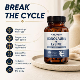 Capsules Nuvary de monolaurine et lysine sur fond blanc