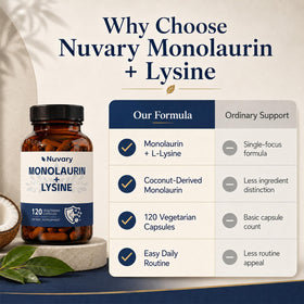 Capsules Nuvary monolaurine et lysine sur une cuillère en bois