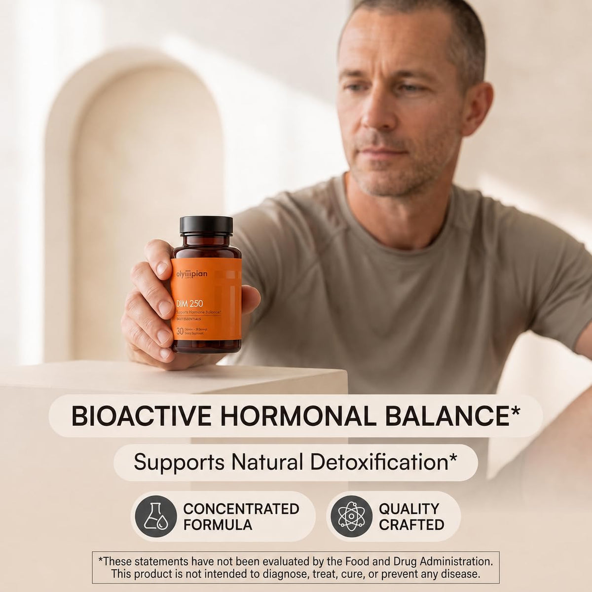 Capsules Olympian Labs DIM 250mg sur une surface blanche