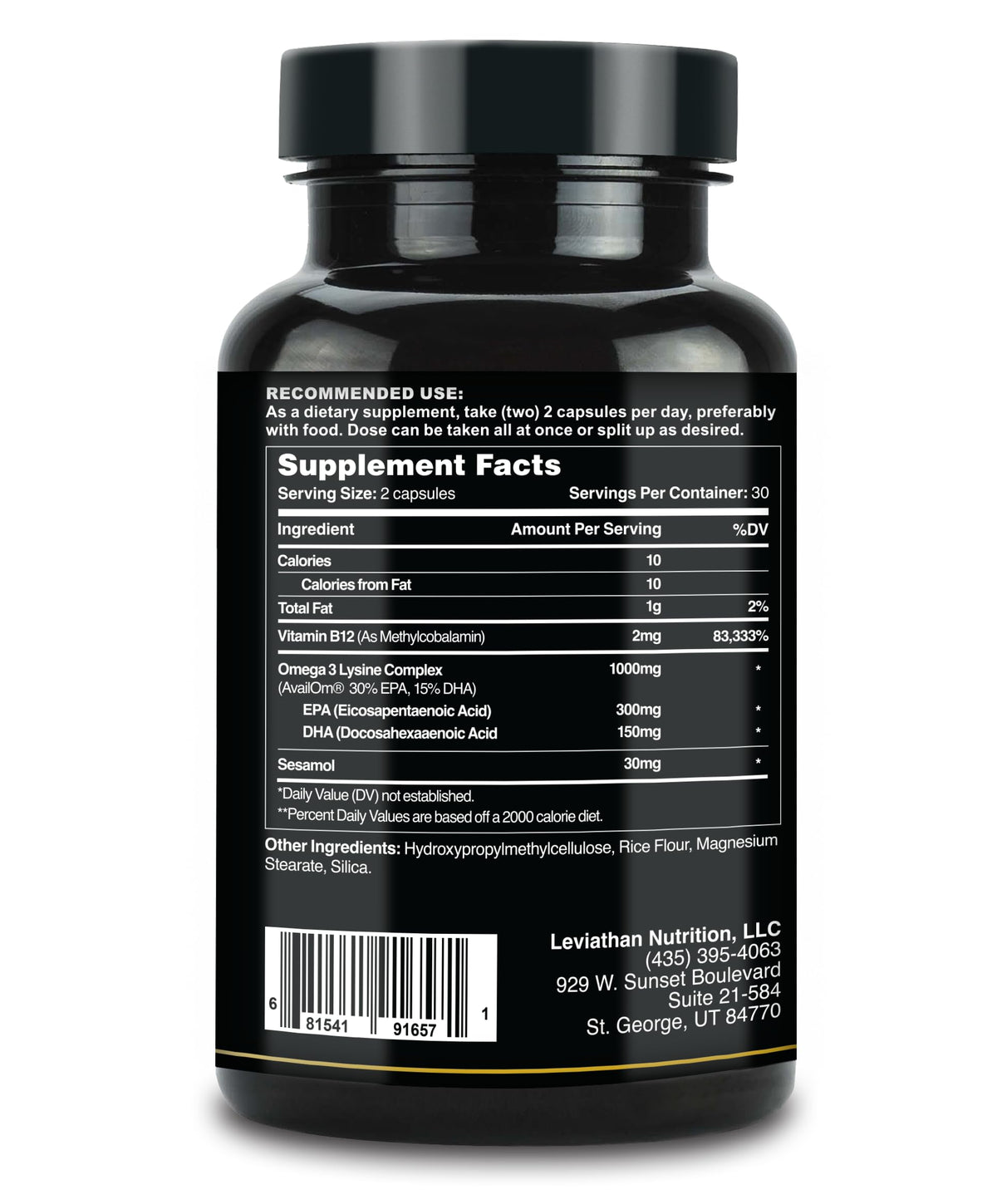 Capsules Omega 3 Leviathan Nutrition sur une surface blanche