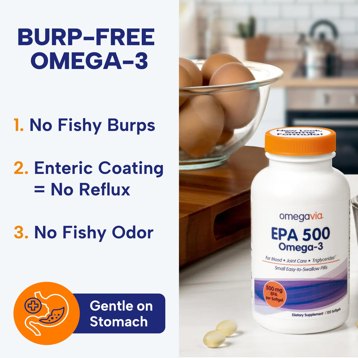 Capsules OmegaVia EPA 500 mg sur fond blanc