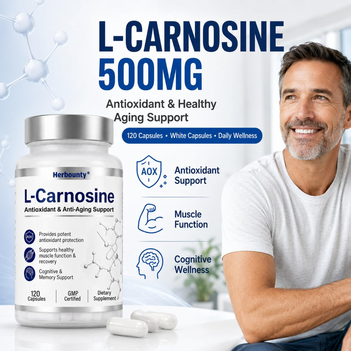 Capsules opaques blanches Herbounty L-Carnosine 500mg