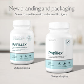 Capsules Papillex en gros plan sur une surface blanche