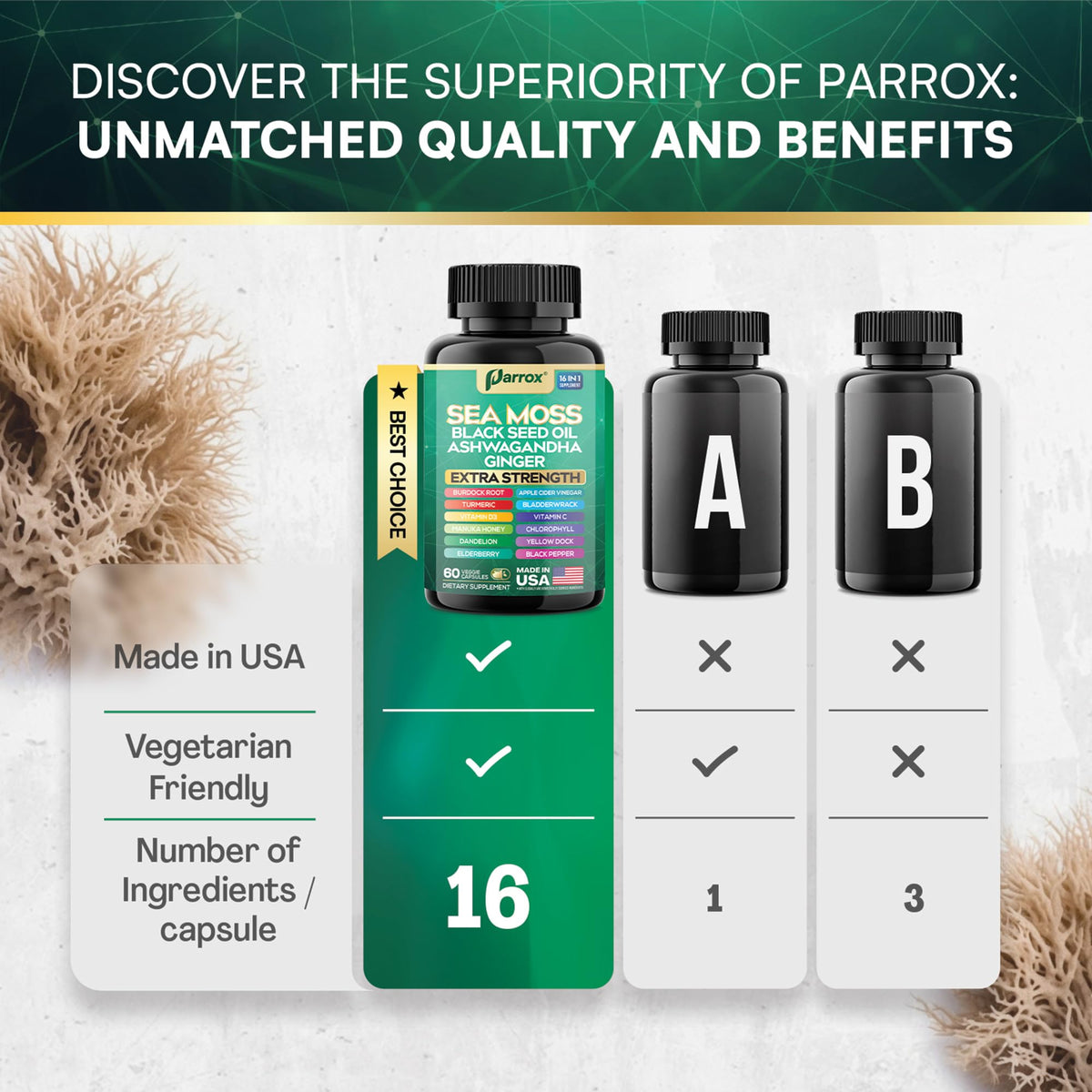 Capsules Parrox 16 en 1 sur une table en bois