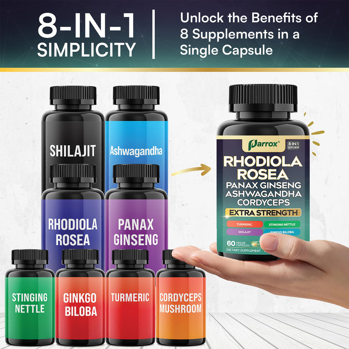 Capsules Parrox Rhodiola Rosea sur une table en bois