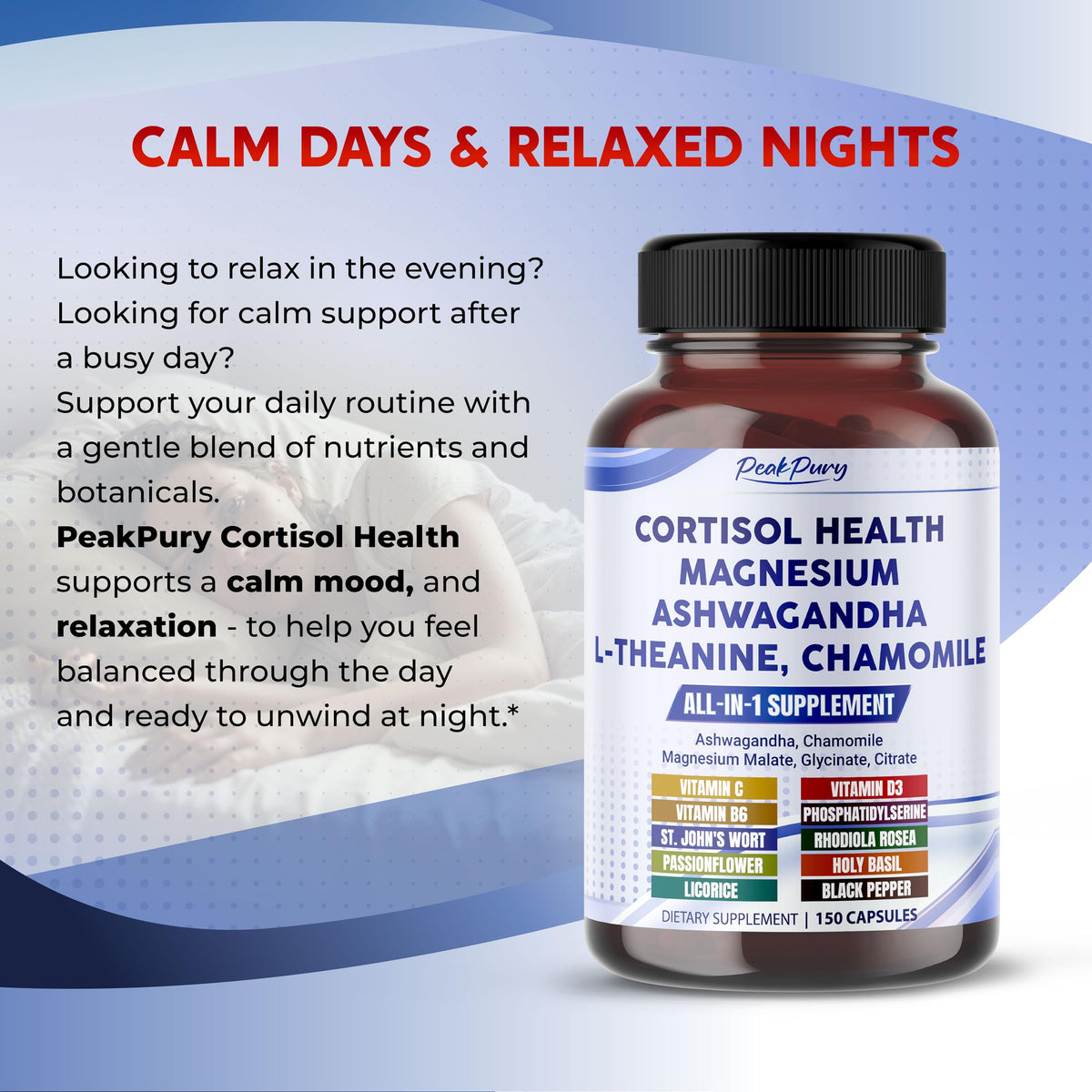 Capsules PEAKPURY Compléments Cortisol présentées sur une surface blanche