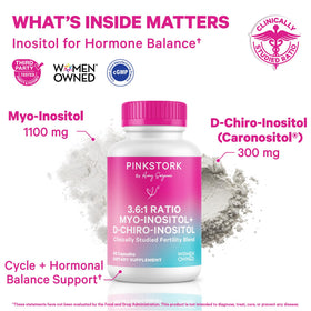 Capsules Pink Stork Myo-Inositol et D-Chiro Inositol sur une surface blanche