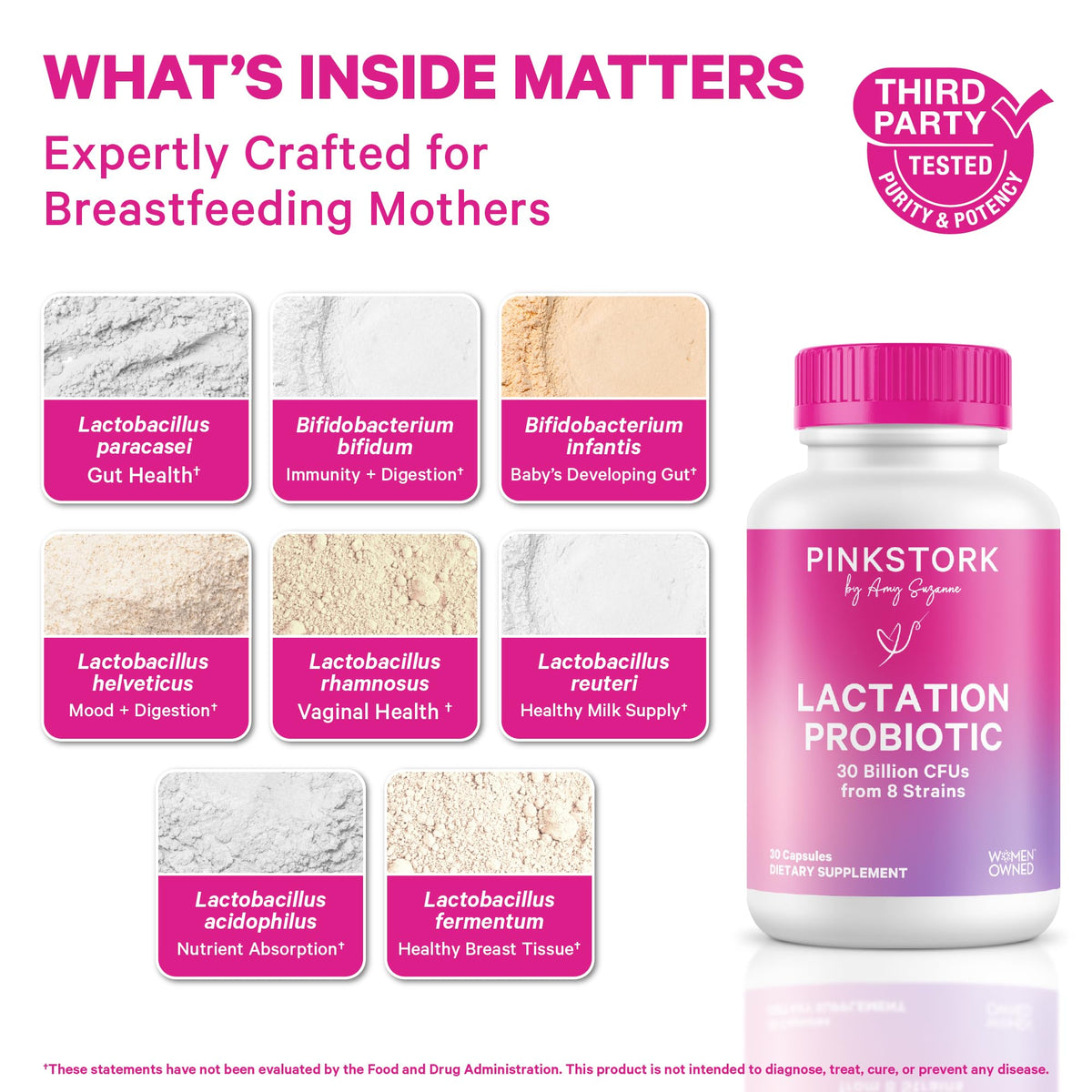 Capsules Pink Stork Probiotiques Lactation sur une surface blanche
