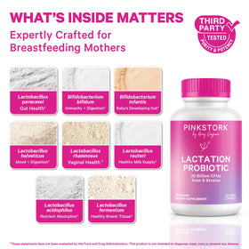 Capsules Pink Stork Probiotiques Lactation sur une surface blanche