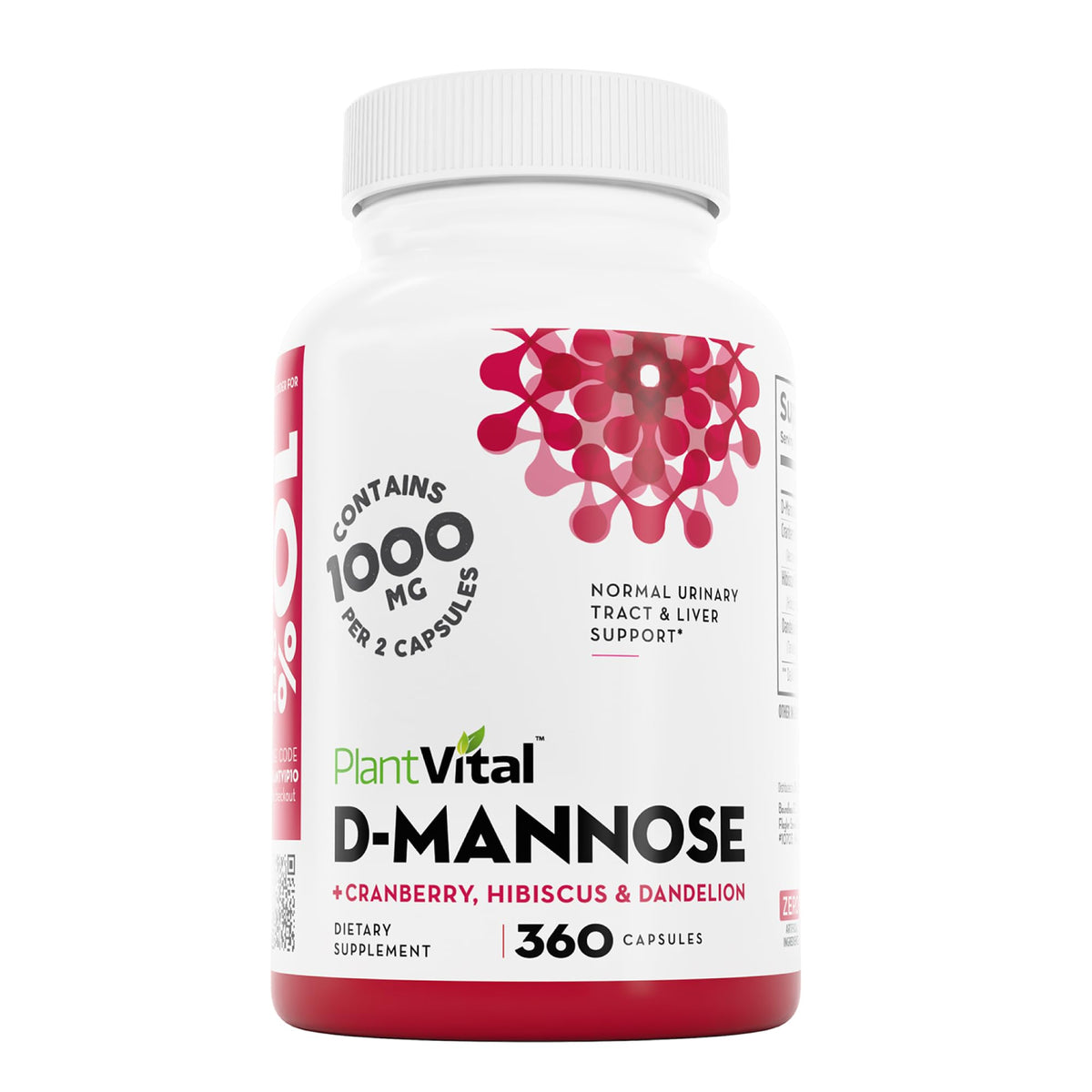 Capsules Plantvital D-Mannose 1000mg avec extrait de canneberge, vue de face