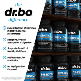 Capsules prébiotiques DR. BO, sur une table avec d'autres compléments