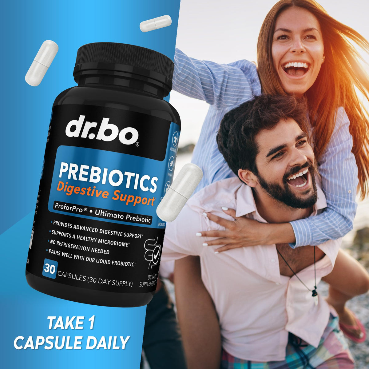 Capsules prébiotiques DR. BO, vue en gros plan
