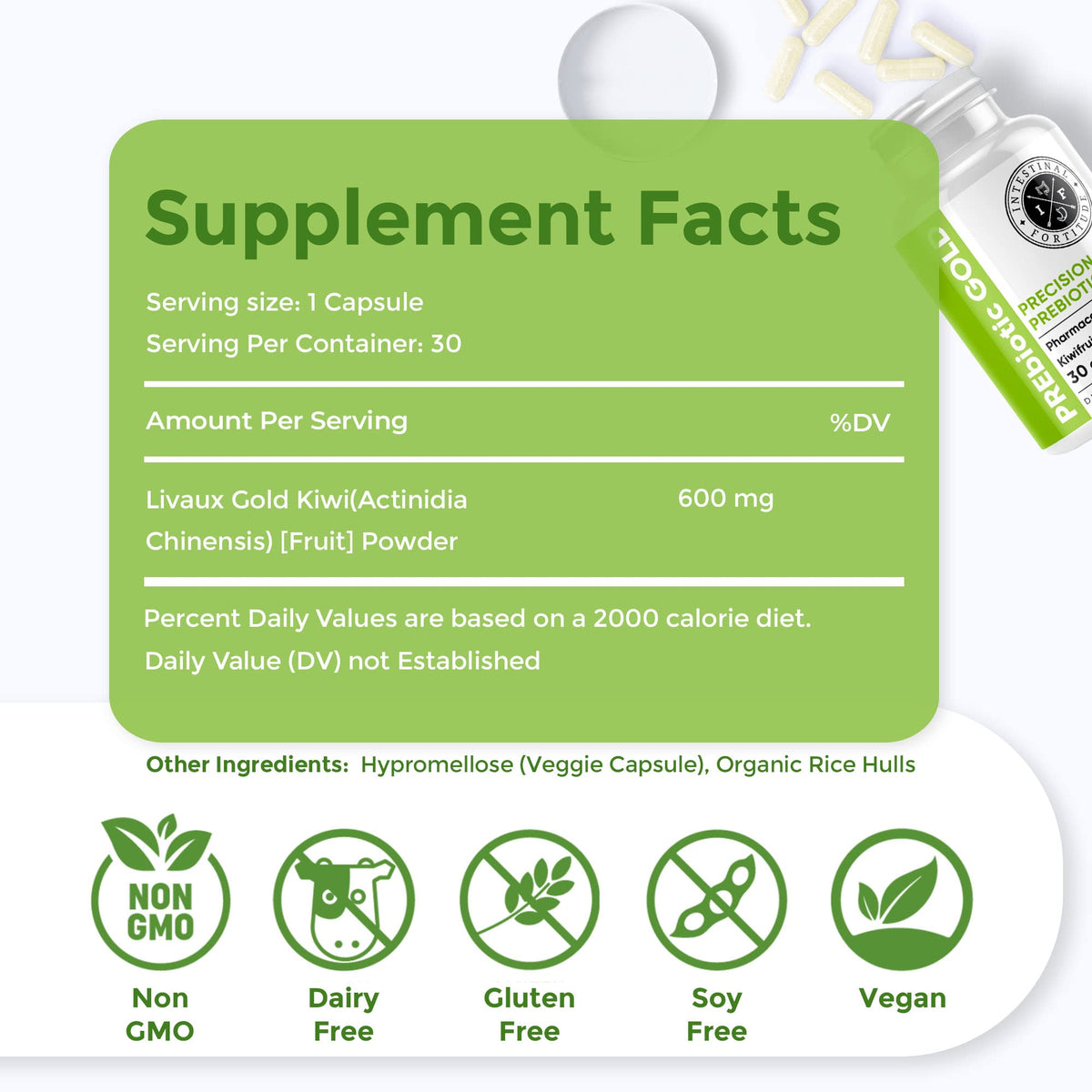 Capsules prébiotiques Gold Kiwi d'Intestinal Fortitude, vue de côté