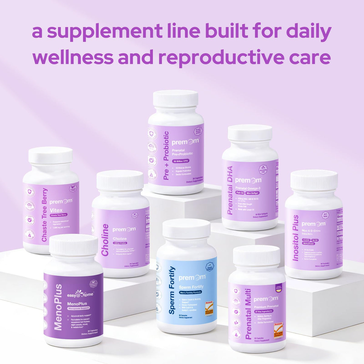 Capsules Premom prénatales sur une table