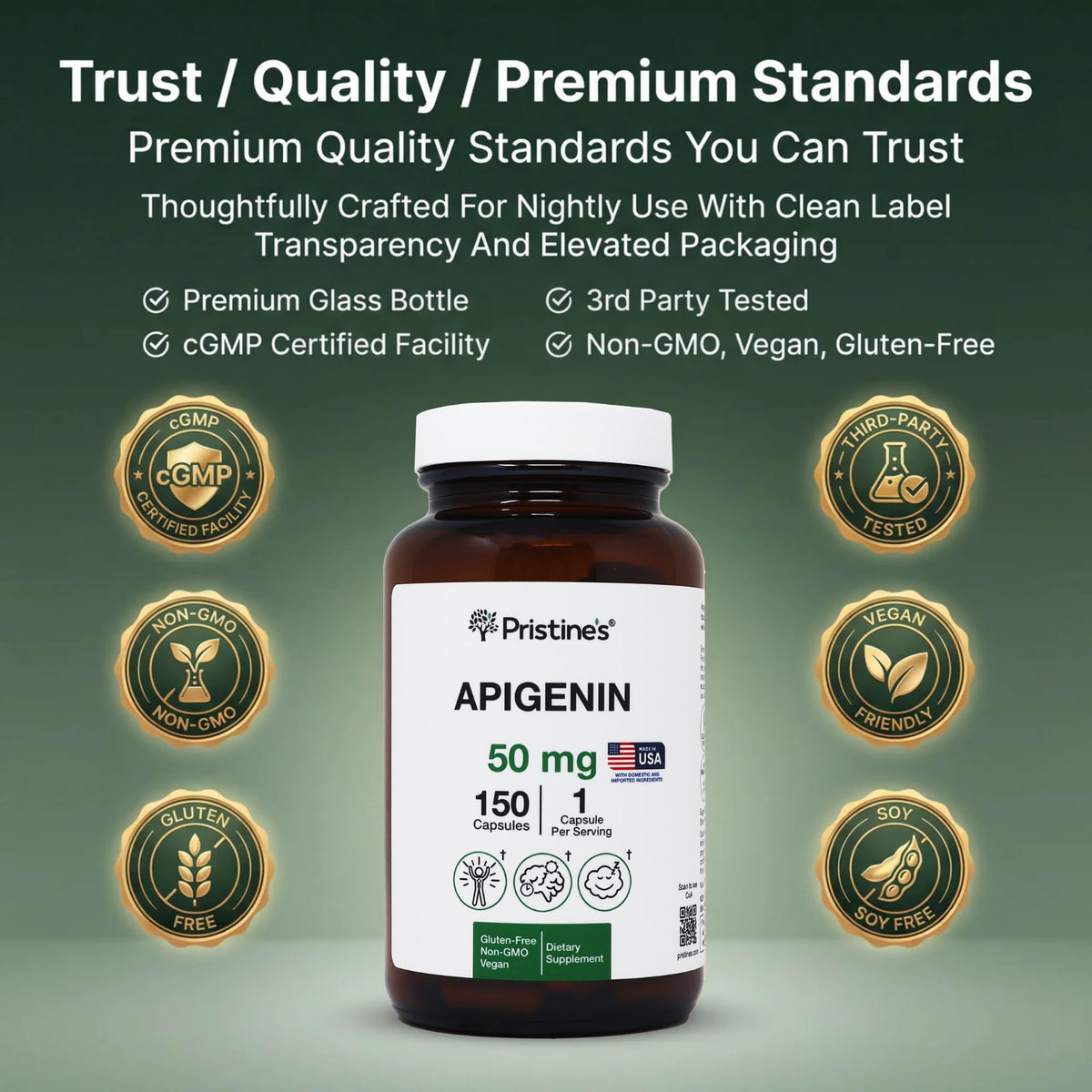 Capsules PRISTINE'S Apigenin 50mg en gros plan
