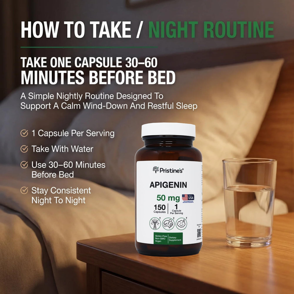 Capsules PRISTINE'S Apigenin 50mg sur une table