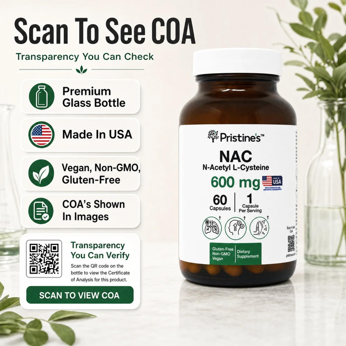 Capsules PRISTINE'S NAC 600mg dans un environnement de cuisine