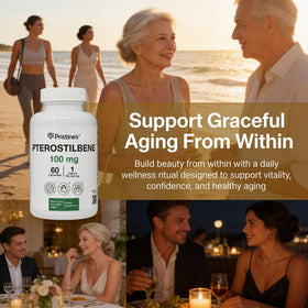 Capsules PRISTINE'S Pterostilbene 100 mg sur une table en bois