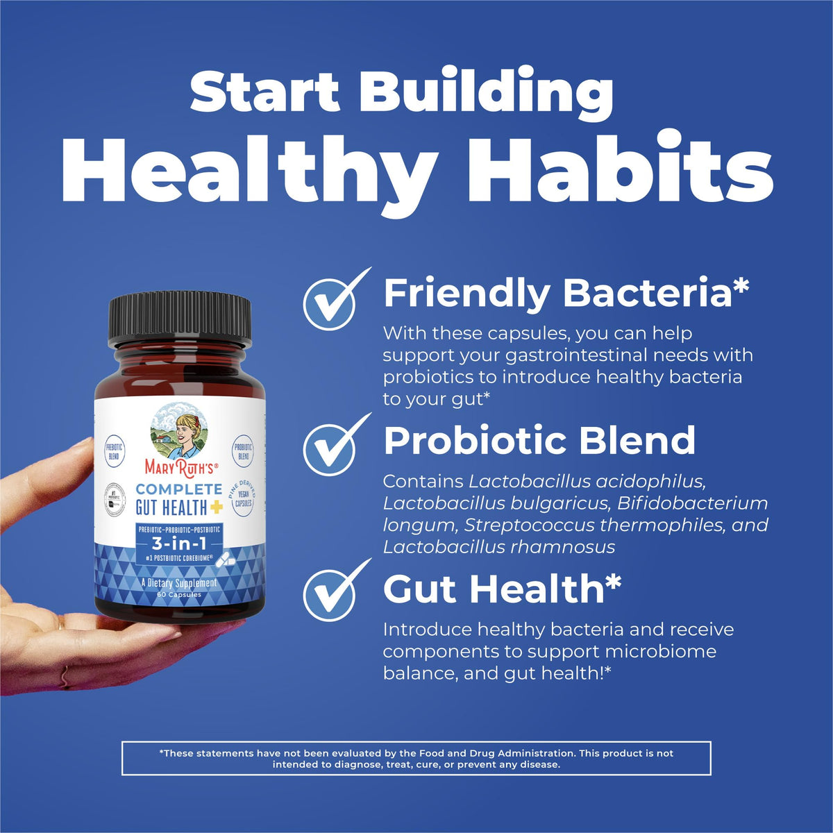 Capsules probiotiques MARYRUTH'S avec ingrédients en arrière-plan