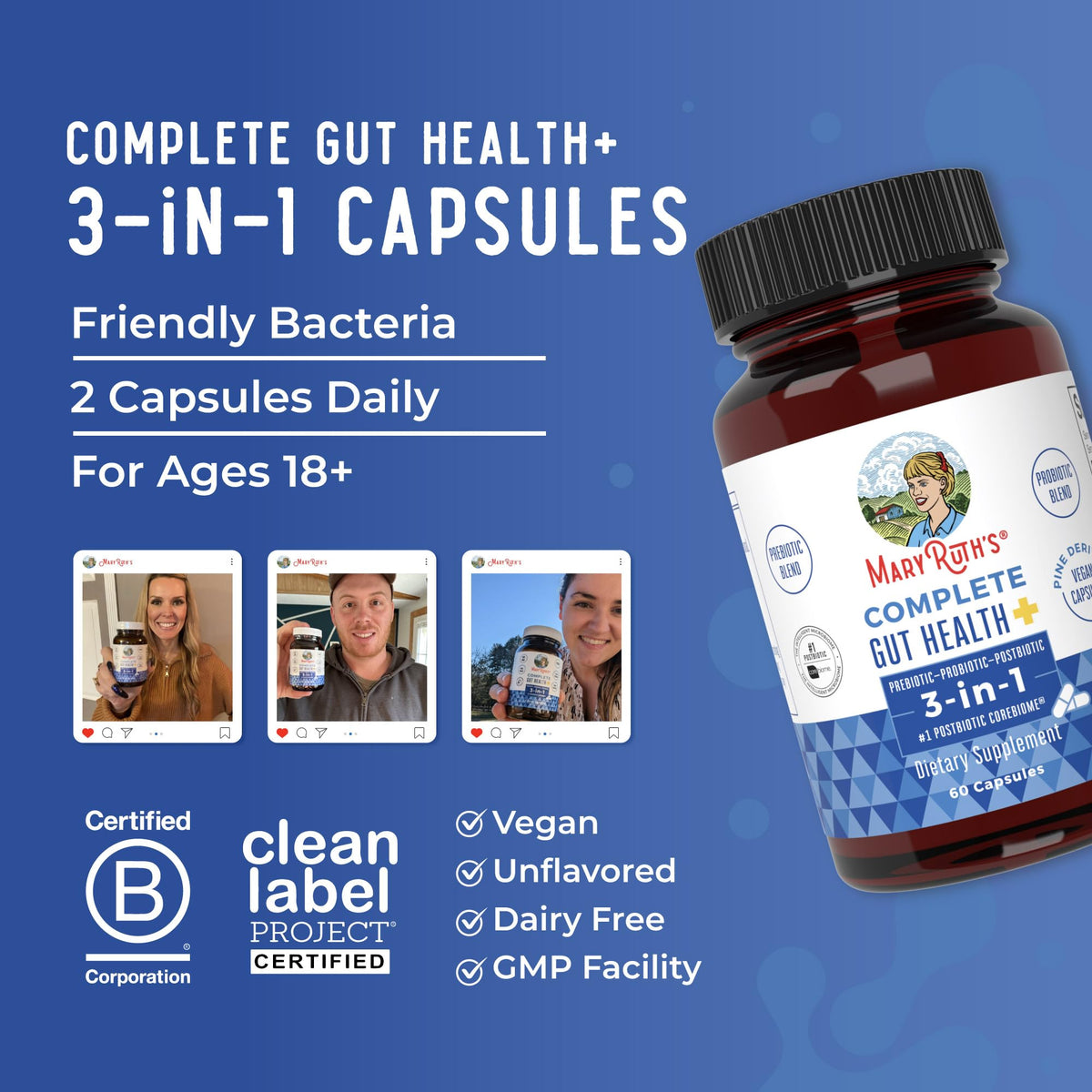 Capsules probiotiques MARYRUTH'S sur une table