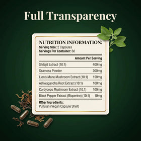 Capsules PURETREX Shilajit avec des ingrédients naturels en arrière-plan