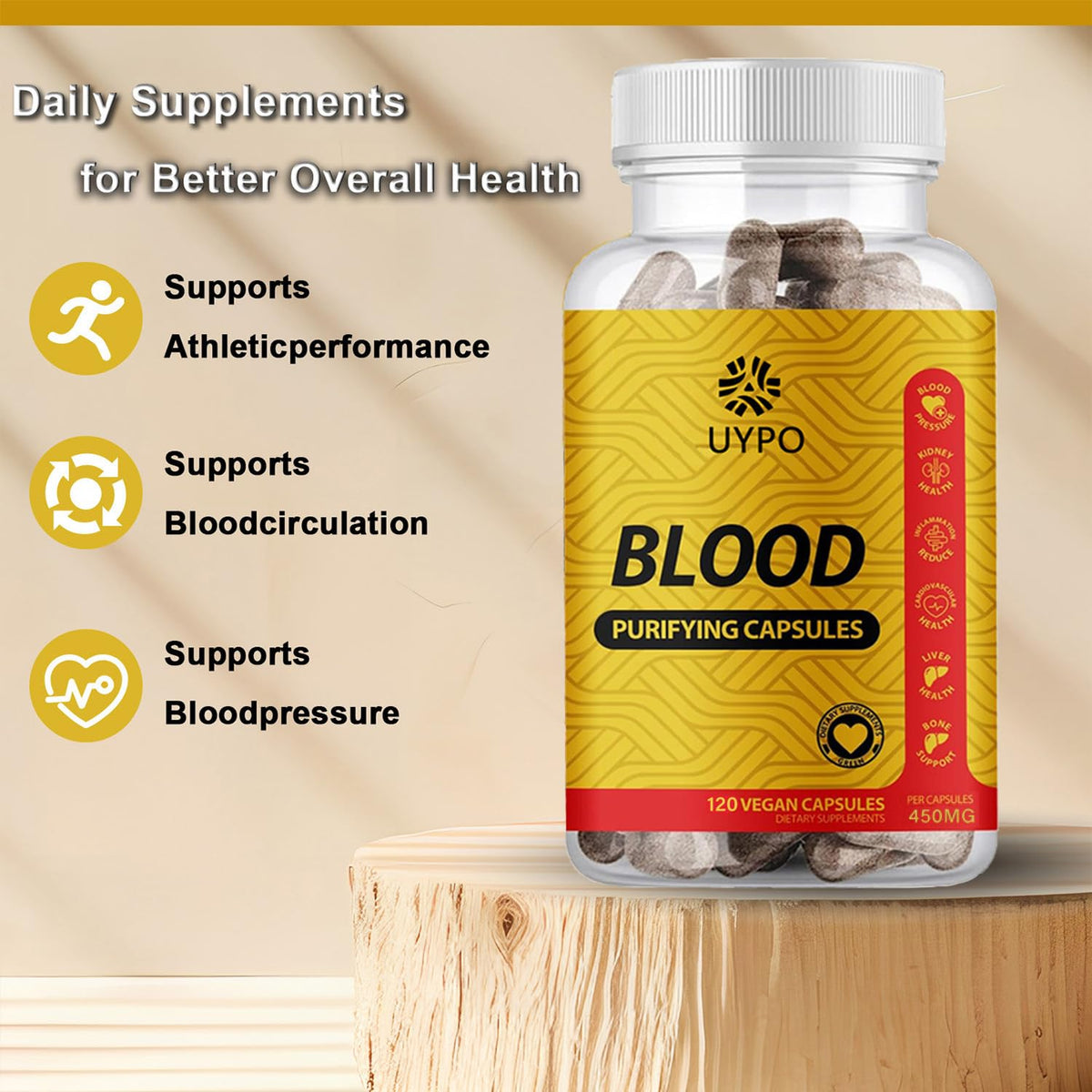 Capsules purifiantes du sang UYPO avec une main tenant le flacon