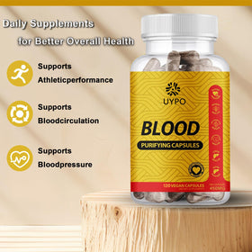 Capsules purifiantes du sang UYPO avec une main tenant le flacon