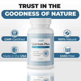 Capsules Quietum Plus avec une main tenant le flacon