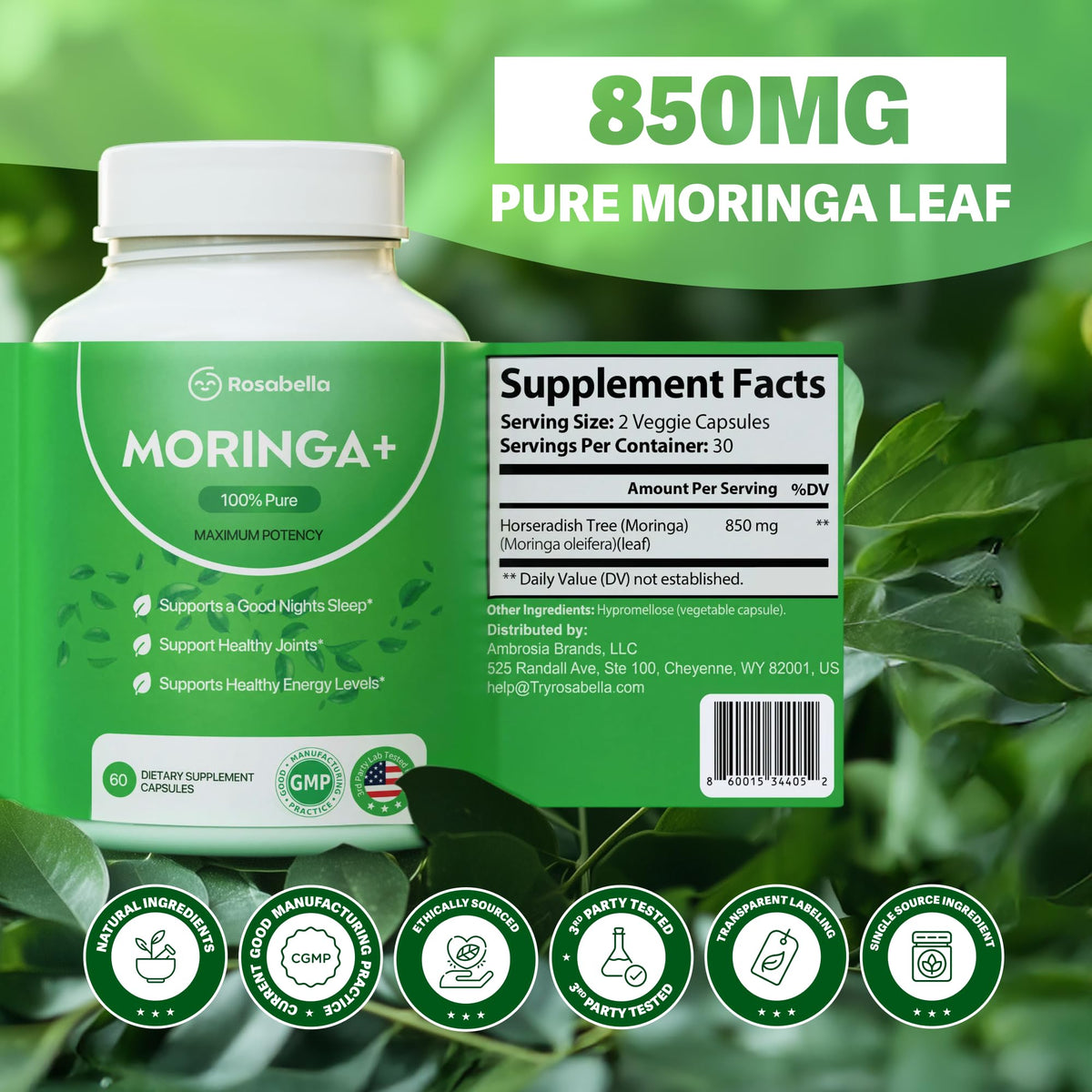 Capsules Rosabella Moringa+ avec des feuilles de moringa