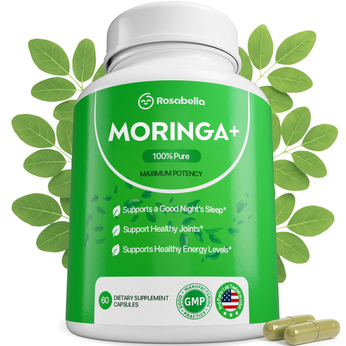 Capsules Rosabella Moringa+ en bouteille vue de face