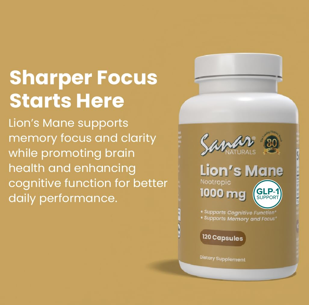 Capsules Sanar Naturals Lions Mane 1000mg sur une surface blanche