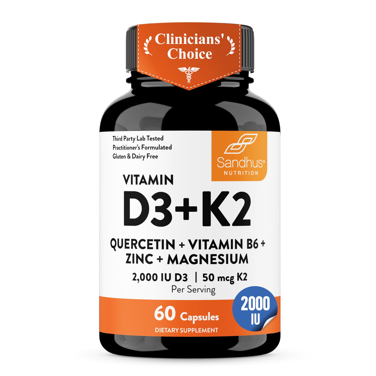 Capsules Sandhu's D3 K2 2000 UI en bouteille vue de face