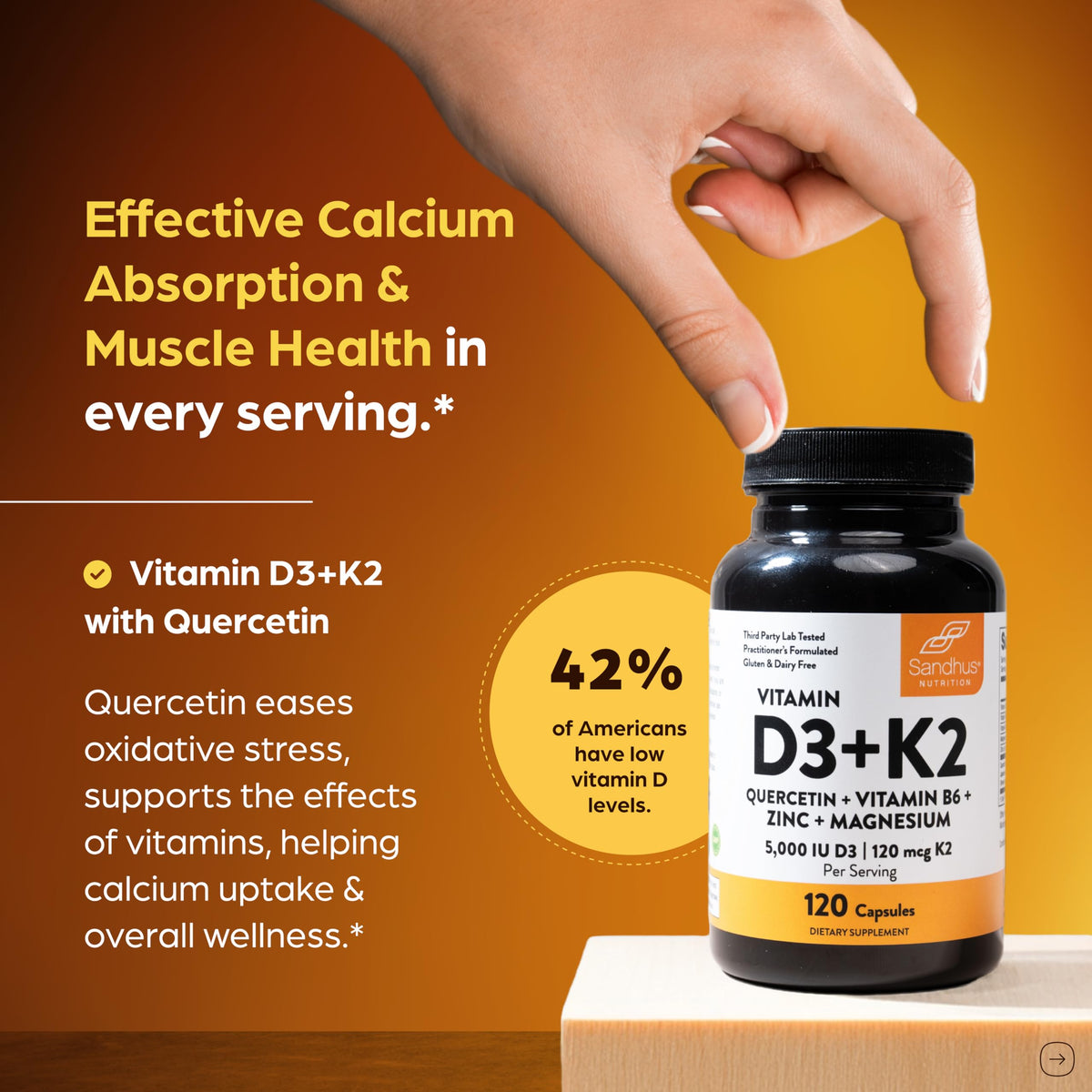 Capsules Sandhu's D3 K2 5000 IU 120mcg sur un fond blanc