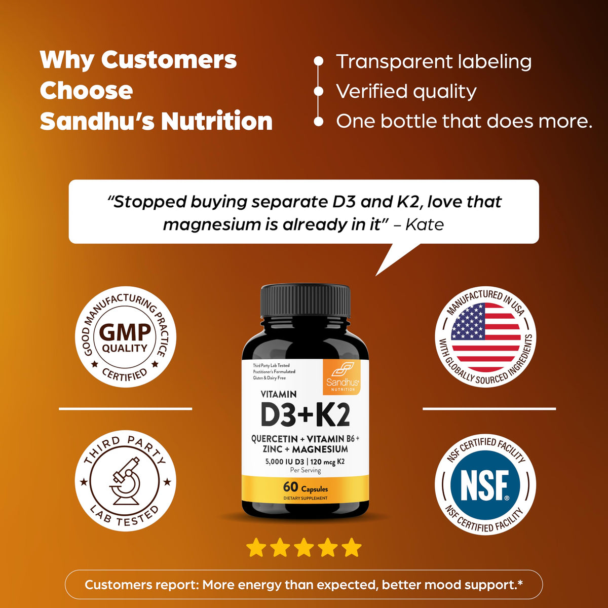 Capsules Sandhu's D3 K2 5000 IU sur fond naturel