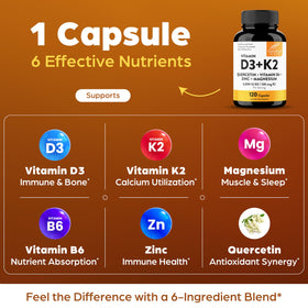 Capsules Sandhu's D3 K2 5000 UI 120mcg avec étiquette visible