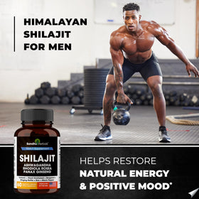 Capsules SANDHUHERBALS Shilajit 10 en 1 sur une surface blanche