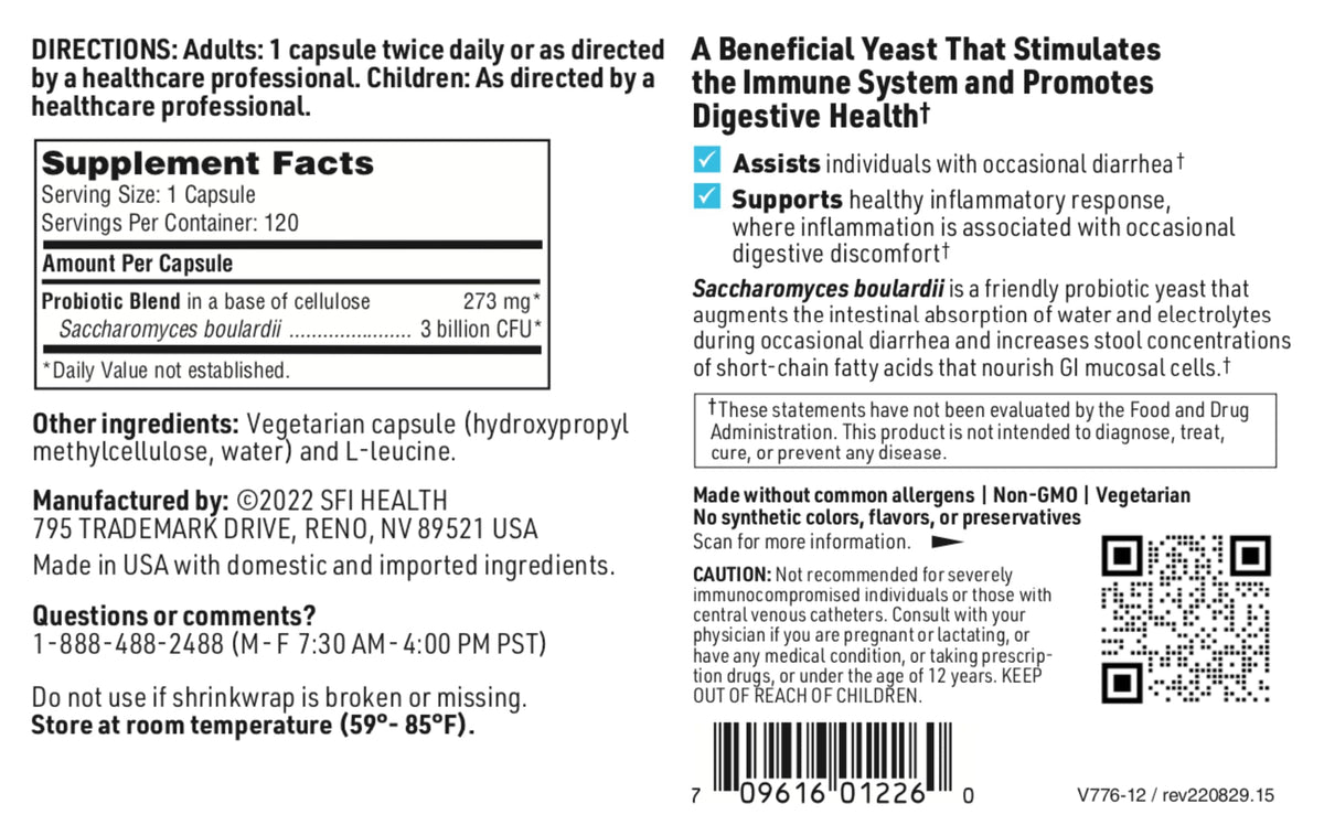 Capsules SFI Health Saccharomyces Boulardii en gros plan