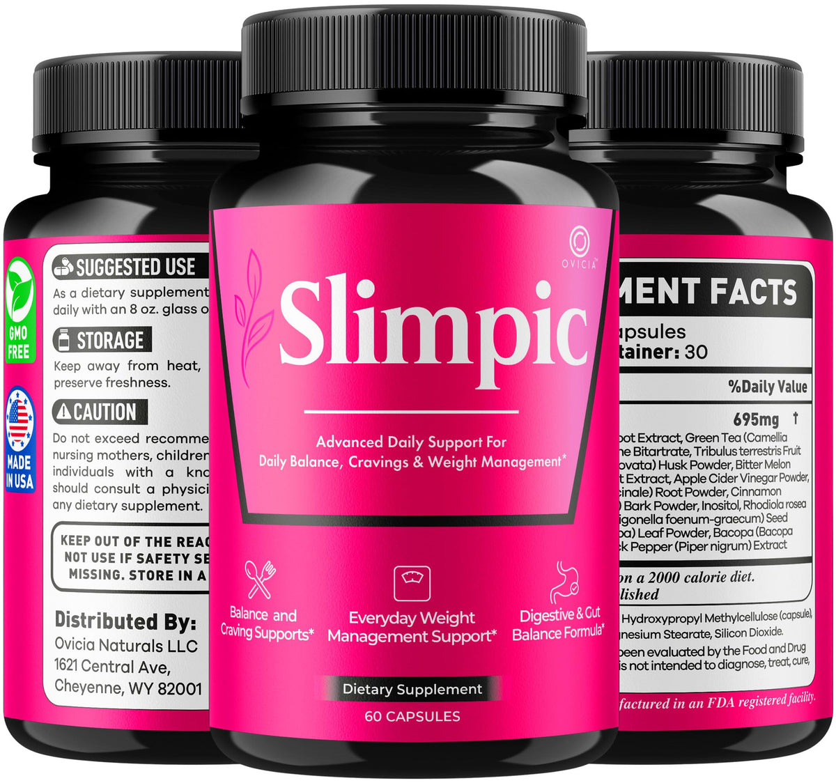 Capsules Slimpic OVICIA en train d'être prises avec un verre d'eau