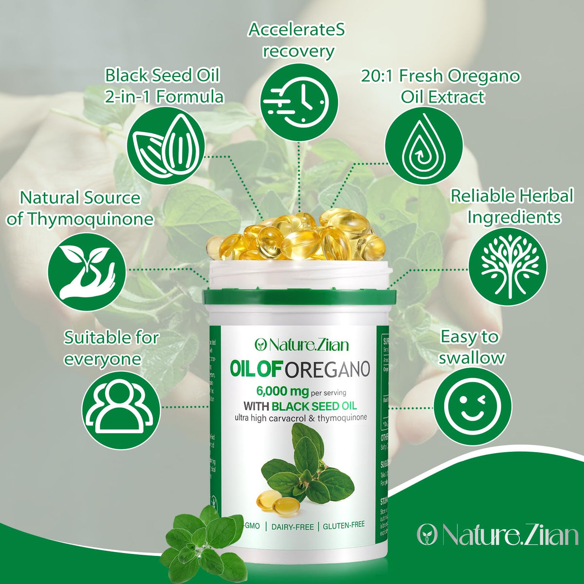 Capsules softgel d'huile d'origan bio O NATURE. ZIRAN sur une surface blanche