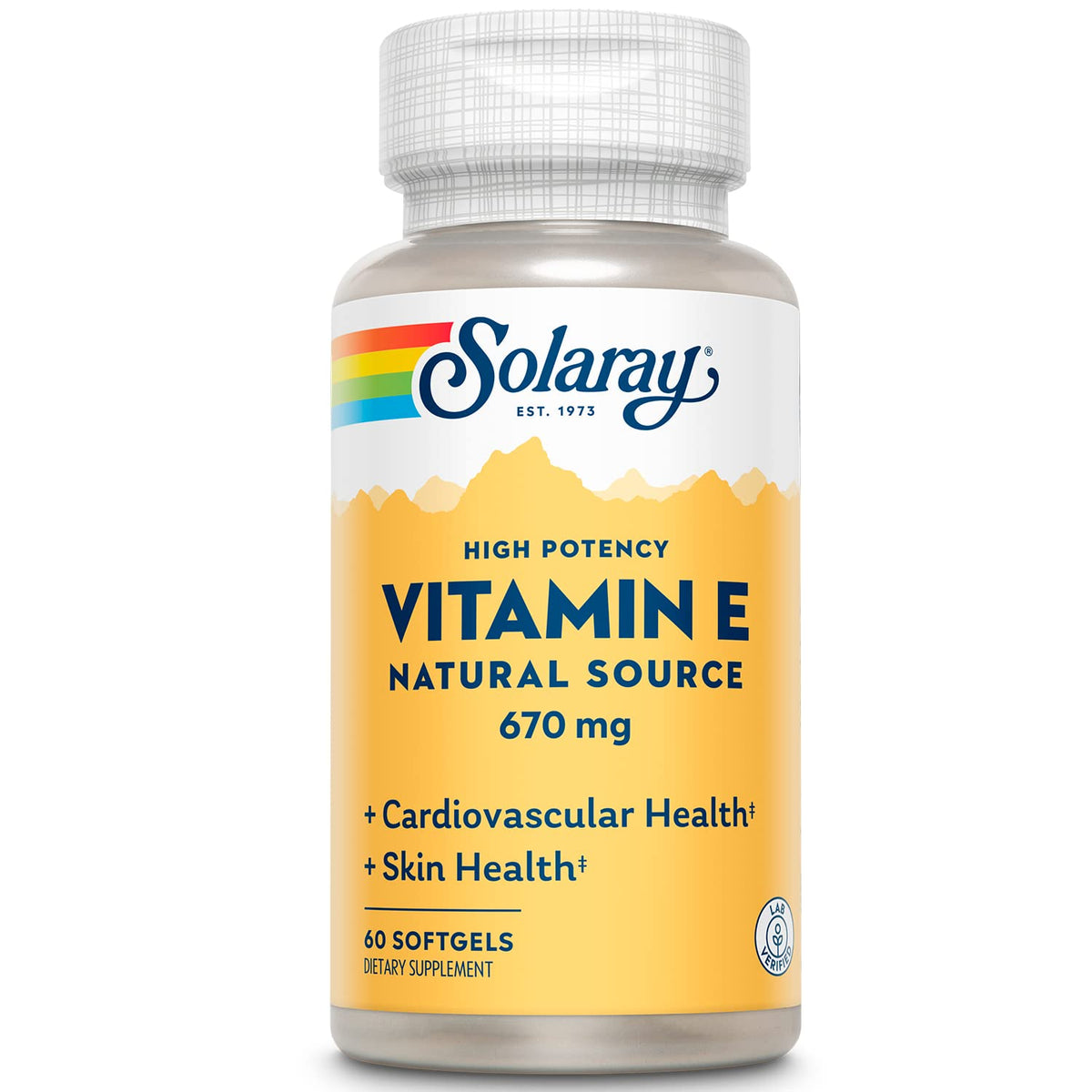 Capsules softgel SOLARAY Vitamine E 1000 IU sur fond blanc