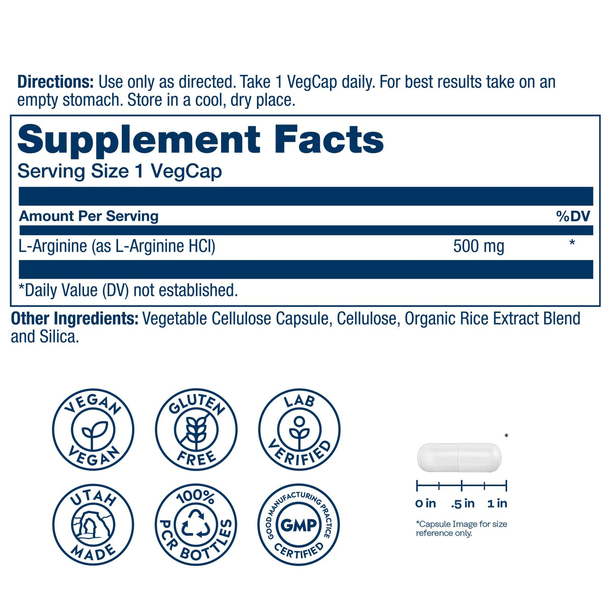Capsules SOLARAY L-Arginine 500 mg sur fond blanc